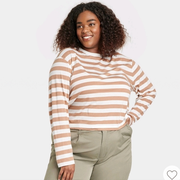 a new day Tops - A New Day • Brown Striped Cropped Long Sleeve